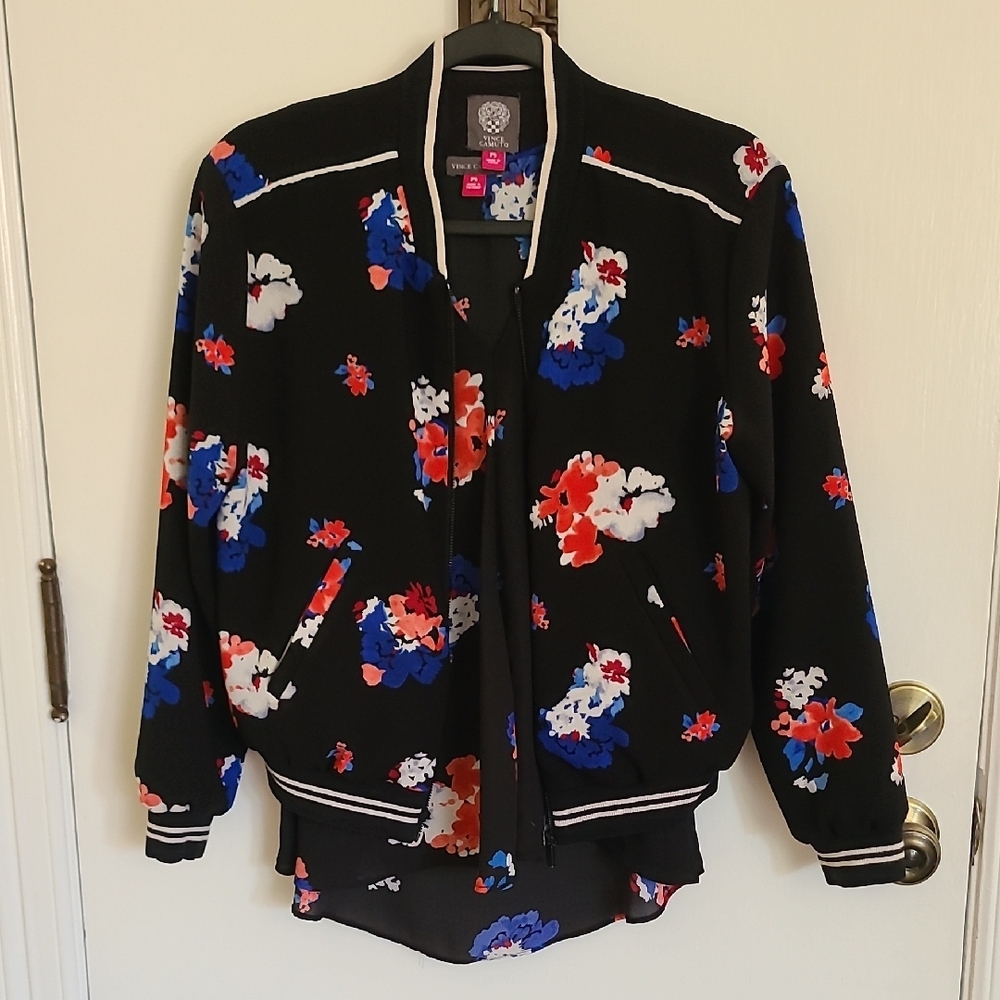 Black and Red Bomber Jacket with Ribbed Details And Blouse Set